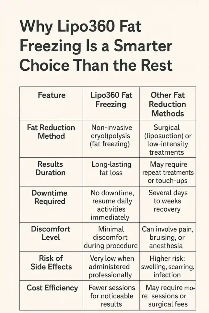 Is it possible to permanently freeze fat cells? 2 Table showing benefits of fat freezing to remove fat cells East Kilbride from Lipo 360